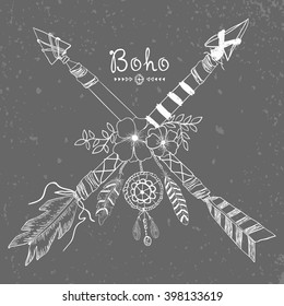 Hand drawn boho illustration with arrow, tribal, flower, dream cathcer, and feather. Boho Style