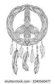 Hand drawn boho illustration of dream catcher with pacific sign and feathers. Vector element for printing on a T-shirt, postcard, cover and for your creativity