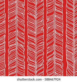 Hand Drawn Boho Illustration. Red Pattern With Seamless Feather. Vector Creative Art-work. Ink Drawing In Bohemian Chic Style