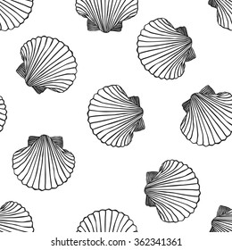 Hand drawn boho illustration. Set of seamless pattern with shells. Vector creative black contour art-work. Ink drawing in bohemian chic style