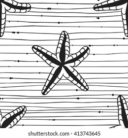 Hand drawn boho illustration. Set of seamless pattern with starfish and stripes. Vector creative black contour art-work. Ink drawing in bohemian chic style