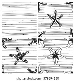 Hand drawn boho illustration. Set of seamless pattern with starfish and stripes. Vector creative black contour art-work. Ink drawing in bohemian chic style