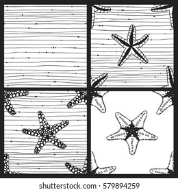 Hand drawn boho illustration. Set of seamless pattern with starfish and stripes. Vector creative black contour art-work. Ink drawing in bohemian chic style