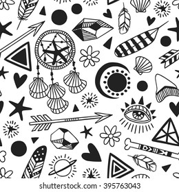Hand drawn boho illustration. Vector Seamless pattern with Feathers, shells, crystals and starfish. Creative black contour art-work. Ink drawing in Bohemian chic style
