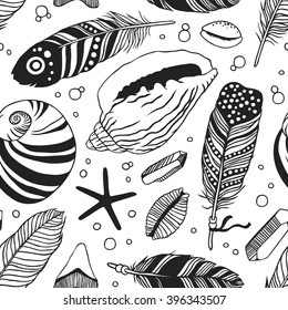 Hand drawn boho illustration. Vector Seamless pattern with Feathers, shells, crystals and starfish. Creative black contour art-work. Ink drawing in Bohemian chic style