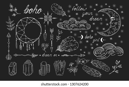 Hand drawn boho lace moon dream catcher, aztec arrows, feathers, clouds and stars, tribal flourish borders. Indian tattoo. Magic wedding pattern. Ethnic page decoration divider.
