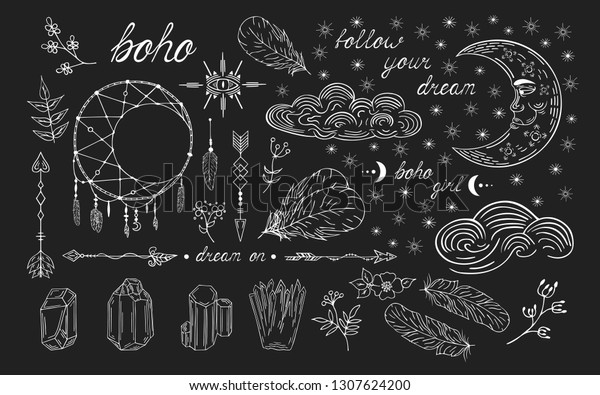 Hand drawn boho\
lace moon dream catcher, aztec arrows, feathers, clouds and stars,\
tribal flourish borders. Indian tattoo. Magic wedding pattern.\
Ethnic page decoration\
divider.