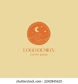 Moon de vectores lineales de Boho dibujado a mano, logotipo de estrellas y olas. Negocios De Belleza, Feminina.