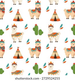 Handgezeichneter Boho Llama mit Hut, Schal, Decke, niedlicher Druck mit Kaktus, Feder, Perücke. Netter Lama-Cartoon-Charakter. Nahtloses Muster. Winteralpaca, Vektorgrafik. Bezauberndes Tier, perfekt für Kinderdrucke, Produkte für Kinder und Grußkarten. 