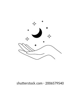 Hand drawn boho magic logo. Minimal mystic line moon stars hand esoteric tattoo design, bohemian vector illustration