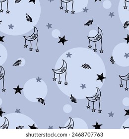 Hand drawn boho magical vector seamless pattern. Flat illustration on color background. For celestial print, fabric, wallpaper, textile, magical decor.