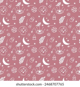 Hand drawn boho magical vector seamless pattern. Flat illustration on color background. For celestial print, fabric, wallpaper, textile, magical decor.