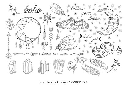 Hand drawn boho moon dream catcher, aztec arrows, feathers, clouds and stars, tribal flourish borders. Indian tattoo. Magic wedding pattern. Ethnic page decoration divider.