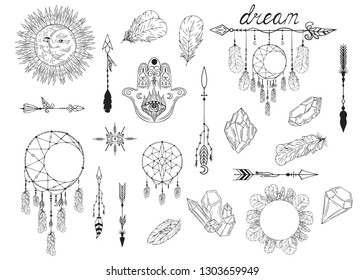 Hand drawn boho moon dream catcher, arrows, feathers, gems and stones, hamsa tribal pattern. Magic scandinavian border in indian style. Ethnic bohemian quill wreath.