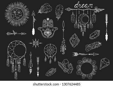 Hand drawn boho moon dream catcher, arrows, feathers, gems and stones, hamsa tribal pattern. Magic scandinavian border in indian style. Ethnic bohemian quill wreath.