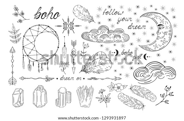 Hand drawn boho\
moon dream catcher, aztec arrows, feathers, clouds and stars,\
tribal flourish borders. Indian tattoo. Magic wedding pattern.\
Ethnic page decoration\
divider.