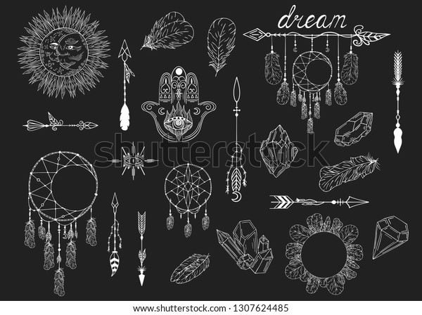 Hand drawn boho moon dream
catcher, arrows, feathers, gems and stones, hamsa tribal pattern.
Magic scandinavian border in indian style. Ethnic bohemian quill
wreath.