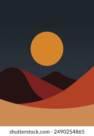 Hand drawn boho night desert landscape wall art vector, minimalist design. Abstract boho wall art with night sky, moon, desert, and mountains.