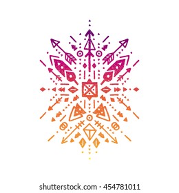 Hand drawn boho pattern with arrows, feathers, geometric symbols and decorative elements, Aztec style. Flash Tattoo, logo, tribal shape