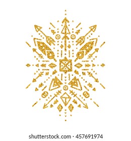 Hand drawn boho pattern with arrows, feathers, geometric symbols and gold decorative elements, glitter tattoo, logo, tribal shape