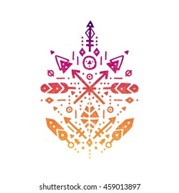 Hand drawn boho pattern with arrows, feathers, geometric symbols and decorative elements, Aztec style. Flash Tattoo, logo, tribal shape