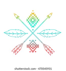 Hand drawn boho pattern with arrows, feathers, geometric symbols . decorative elements, glitter tattoo, logo, tribal shape