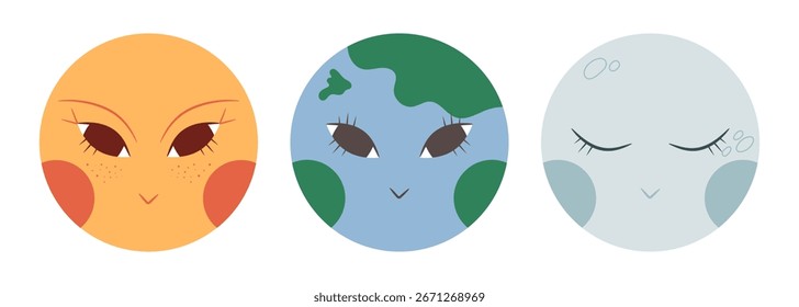 Dibujado a mano boho planeta personajes conjunto. Dibujos animados Sol, Tierra y Luna. Ilustración vectorial