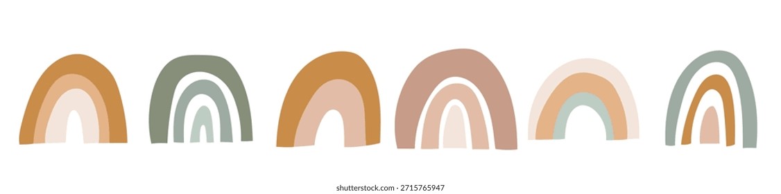 Hand drawn boho rainbow collection in neutral tones. Cute vector design for nursery or childrens prints. Vector illustration on an isolated background.