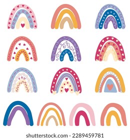 Hand drawn boho rainbow. Cute set in pastel Scandinavian style. Children's room design for room decoration, textile print or wall sticker