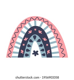 Hand drawn boho rainbow in pink blue colors, birds drops flowers isolated element on white background for kids modern design, posters, clothes, home decor, vector illustration