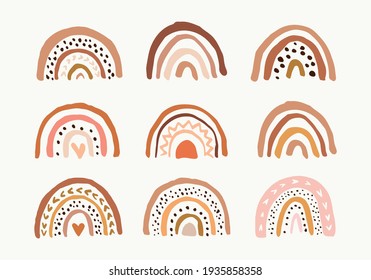 Hand Drawn Boho Rainbows. Cute Set in Pastel and Earthy Colors. Vector Isolated Elements. Scandinavian Style. Neutral Nursery Art Design for Room Decoration, Printing on Textiles or Wall Decal.