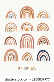 Hand Drawn Boho Rainbows. Cute Set In Pastel And Earthy Colors. Vector Isolated Elements. Scandinavian Style. Neutral Nursery Art Design For Room Decoration, Cards, Invitations, Posters.