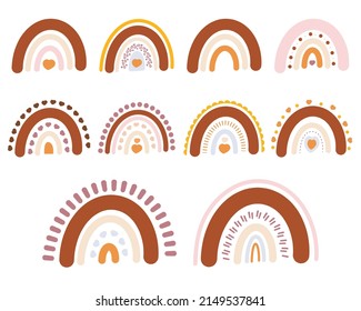 Hand Drawn Boho Rainbows. Cute Set in Pastel and Earthy Colors. Neutral Nursery Art Design for Room Decoration, Printing on Textiles or Wall Decal. Vector illustration.