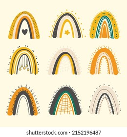 Hand Drawn Boho Rainbows. Cute Set in Pastel and Earthy Colors. Vector Isolated Elements. Scandinavian Style. Neutral Nursery Art Design for Room Decoration, Printing on Textiles or Wall Decal.