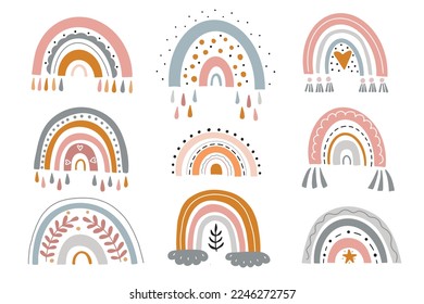 Hand Drawn Boho Rainbows. Cute Set in Pastel and Earthy Colors. Vector Isolated Elements. Scandinavian Style. Neutral Nursery Art Design for Room Decoration, Printing on Textiles or Wall Decal.
