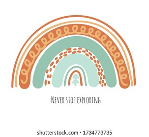 Hand drawn boho rainbows in mint and brown colors, isolated element on white background; nursery art design, for posters, clothes, home decor art, vector illustration, ''never stop exploring''