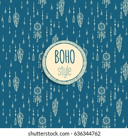 Hand drawn boho seamless pattern with feathers, dreamcatcher for design logo, invitation and more. Vector ethnic, aztec, hipster symbols