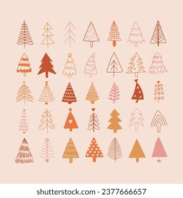 Hand drawn boho set of Christmas trees. Holidays modern pink and gold element collection. Abstract doodle drawing woods. Vector art illustration