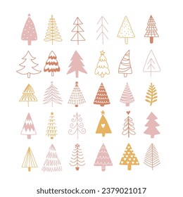 Hand drawn boho set of Christmas trees. Holidays modern pink and gold element collection. Abstract doodle drawing woods. Vector art illustration