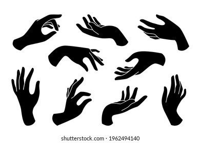 Hand drawn boho set of elegant female hands icons in silhouette isolated on white background. Collection of different hand gestures. Vector flat illustration. Design for cosmetics, jewelry,  manicure