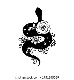 Hand drawn boho snake doodle, sketch witchcraft symbol. Tattoo floral mystery symbol