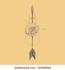 Hand drawn boho style arrow with rose flower, decoration for t-shirt or tattoo.