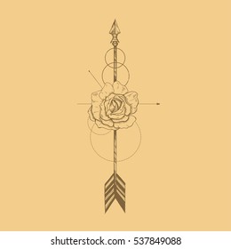 Hand drawn boho style arrow with rose flower, decoration for t-shirt or tattoo.