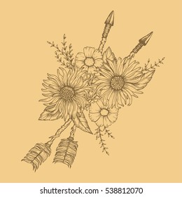 Hand drawn boho style arrow with rose flower, decoration for t-shirt or tattoo.