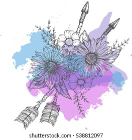 Hand drawn boho style arrow with rose flower, decoration for t-shirt or tattoo.