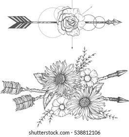 Hand drawn boho style arrow with rose flower, decoration for t-shirt or tattoo.