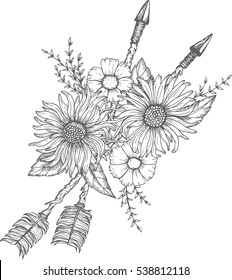 Hand drawn boho style arrow with rose flower, decoration for t-shirt or tattoo.