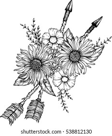 Hand drawn boho style arrow with rose flower, decoration for t-shirt or tattoo.