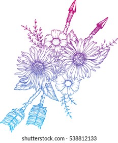 Hand drawn boho style arrow with rose flower, decoration for t-shirt or tattoo.