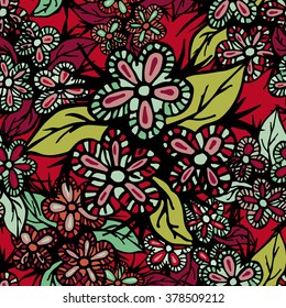 Hand drawn boho style colored seamless pattern. Can be used for wallpapers, pattern fills, web page backgrounds, textile prints etc. EPS8 vector illustration includes Pattern Swatches.